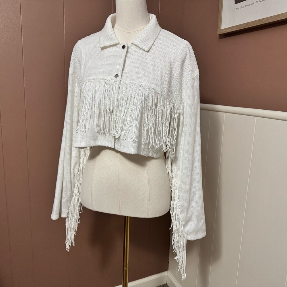 12th Tribe White Fringe Sequin Jacket with Silver Crop Top